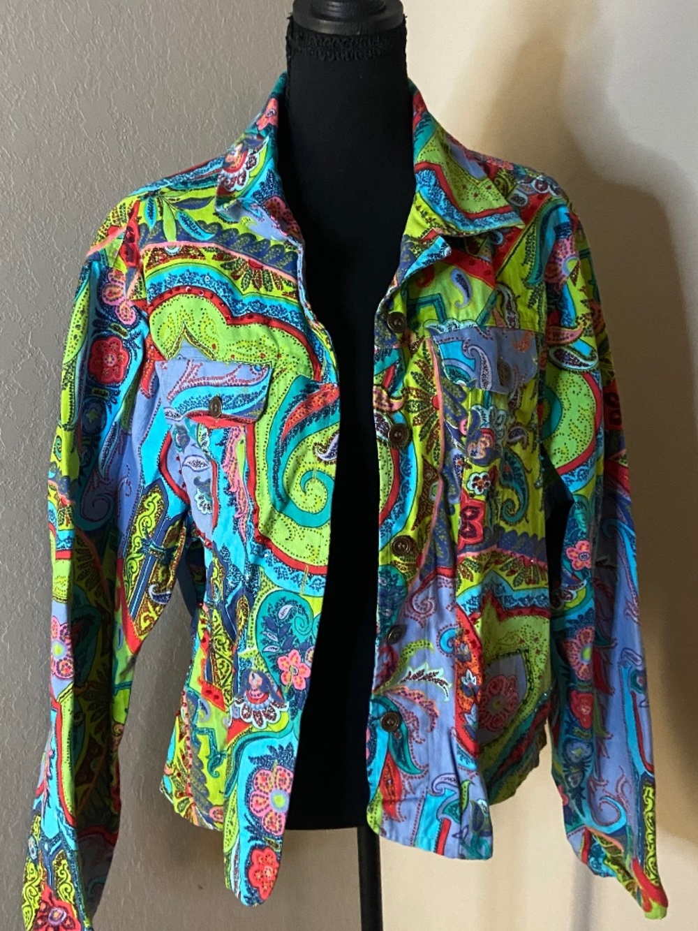 Gaudy Couture Neon Lime Turquoise Paisley Button Front Canvas Jacket 1X